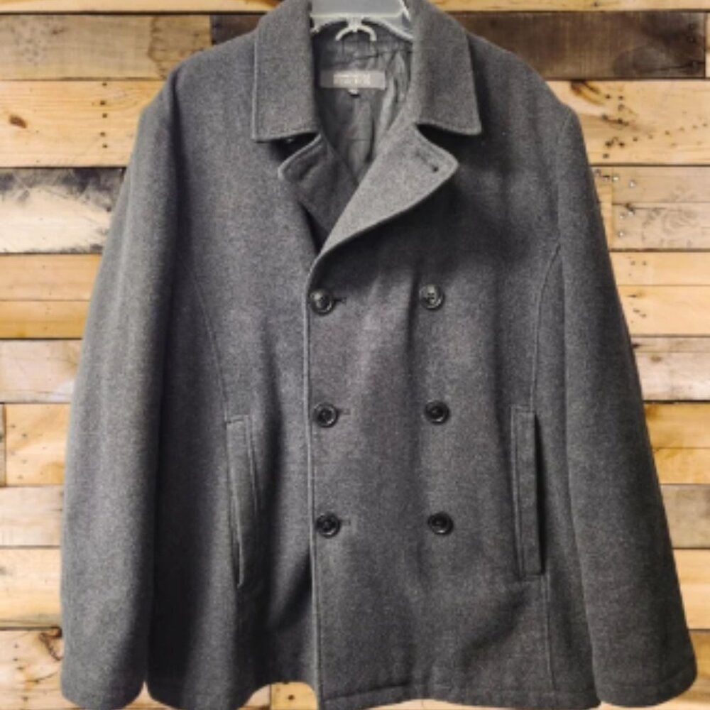 Kenneth Cole Reaction Wool Blend Charcoal Full‎ Zip Button Peacoat Coat Jacket L